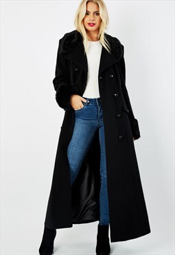 De La Creme Womens Black Military Faux Fur Trim Maxi Coat