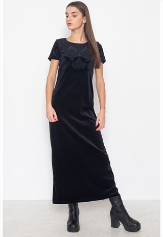 VINTAGE BLACK VERO MODA VELVET SHORT SLEEVE MAXI DRESS