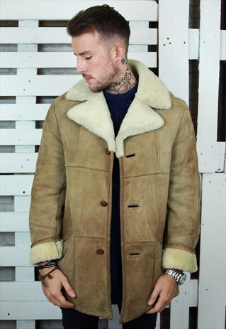 BEIGE FULLY LINED SHEARLING SUEDE COAT