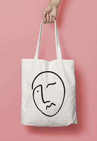 FACE LINE DRAWING PRINT COTTON TOTE BAG SHOPPER BLACK WHITE