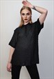 SHOULDER PADDED POLO SHIRT SHORT SLEEVE TEXTURED BLOUSE CHEC