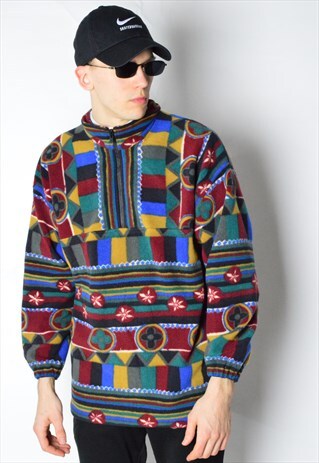 VINTAGE 90S UNISEX COLOURFUL AZTEC FLEECE ZIPPER JUMPER