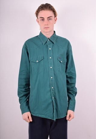 WRANGLER MENS VINTAGE DENIM SHIRT XL GREEN 90S
