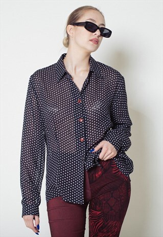 VINTAGE 90S GRUNGE SHEER POLKA DOT LONG SLEEVE SHIRT M