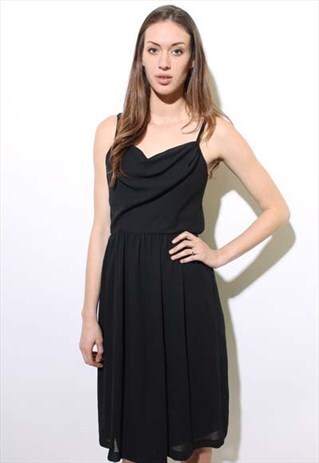 VINTAGE 1970'S 70'S BLACK CHIFFON FLOWY DISCO DRESS XS-S