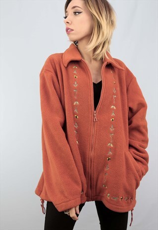 VINTAGE 90S OVERSIZED ZIP UP FLEECE ORANGE EMBROIDERED