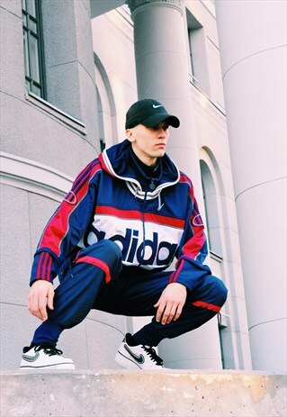 RARE VINTAGE 90S BLUE RED COLOUR BLOCK ADIDAS HOODED JACKET