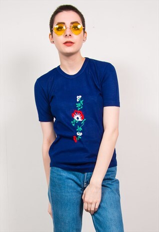 VINTAGE 70'S NAVY BLUE FLORAL EMBROIDERED PRINT RIBBED TOP