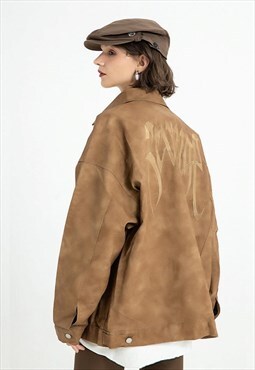 Suede jacket faux leather rocker bomber in washed out brown