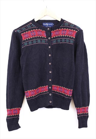 VINTAGE RALPH LAUREN CARDIGAN BLACK BUTTON UP AZTEC PATTERN