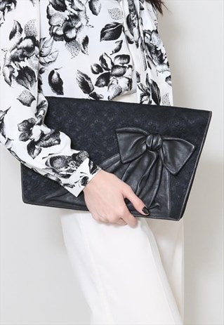 80's Ladies Vintage Bag Black Leather Lace Envelope Clutch
