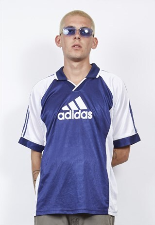VINTAGE 90'S ADIDAS BLUE/WHITE MESH POLO T-SHIRT