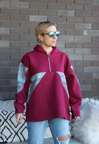 VINTAGE 1990S RASPBERRY AND MINT AZTEC PRINTED HOODED FLEECE