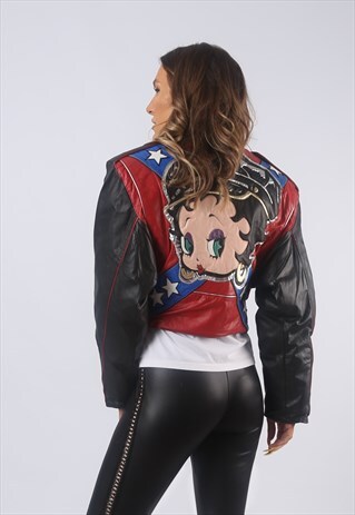 VINTAGE LEATHER BIKER JACKET BETTY BOOP UK 10-12 (N3D)