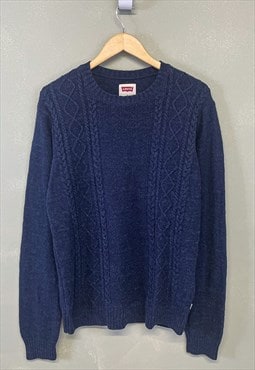 Vintage Levi's Cable Knit Jumper Navy Blue With Logo