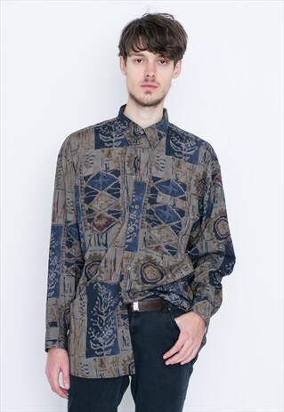 VINTAGE BROWN PATTRENED LONG SLEEVE RETRO SHIRT