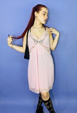 Vintage 90s Pastel Pink Satin Lace Mini Slip Dress