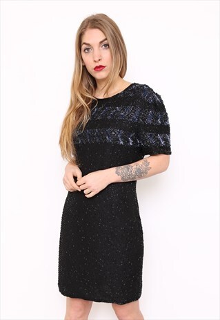 VINTAGE 80S BLACK SILK SEQUIN BEAD EMBELLISHED PARTY DRESS