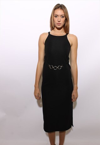 VINTAGE 1990'S 90'S BLACK BODY CON PLASTIC BELT DRESS S-M