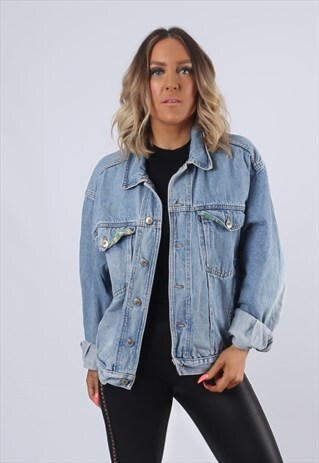 DENIM JACKET OVERSIZED FITTED VINTAGE PRINT UK 14 - 16 EADN