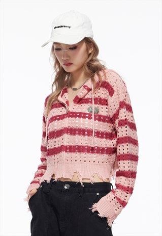 Mesh knitted crop hoodie transparent stripe jumper in pink