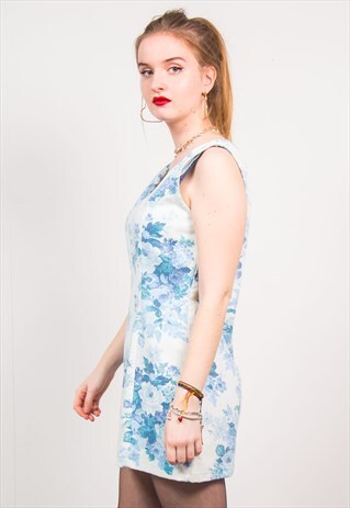 VINTAGE 90'S WHITE & BLUE DENIM FLORAL PATTERN MINI DRESS