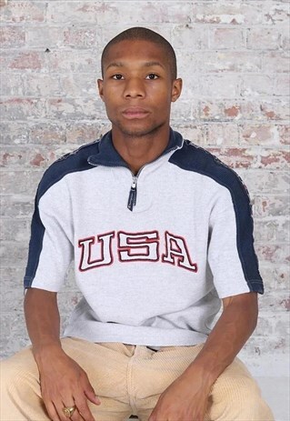 VINTAGE CHAMPION TAPE LOGO 1/4 ZIP POLO SHIRT WHITE BLUE