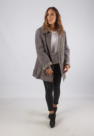 VINTAGE SHEEPSKIN SUEDE SHEARLING COAT SHORT MID UK 12 (J9AV