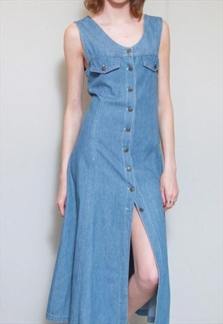 VINTAGE 1990'S MID BLUE BUTTON FRONT DENIM MAXI DRESS