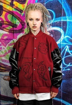 Grunge varsity jacket Gothic patch baseball bomber in red