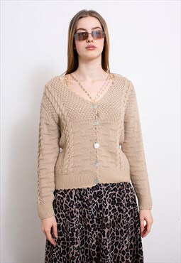 Vintage Knitted Cardigan Cotton Beige Cable Knit Sweater 90s