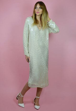 VINTAGE 1970S SILK, SEQUIN & BEADED IVORY WEDDING DRESS
