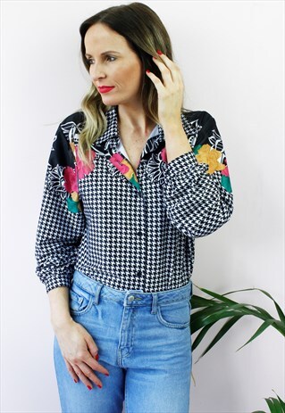 VINTAGE 80'S BLACK POLKA DOT WHITE COLLAR CUFF SHIRT BLOUSE