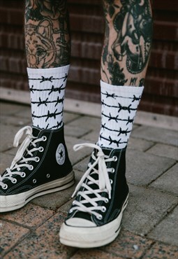 Misery Worldwide Barbed Wire Punk Socks In White & Black