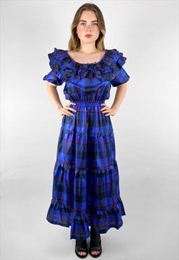 70's Vintage Blue Check Ruffle Collar Prairie Midi Dress 