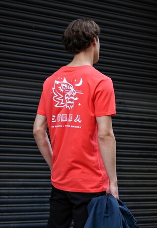 T-SHIRT IN CORAL WITH JAPANESE TIGER GRAPHIC PRINT