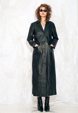 Vintage Y2K Leather Maxi Coat in Black Matrix Style