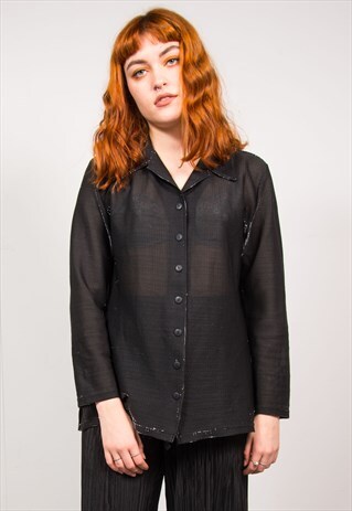 VINTAGE 90'S BLACK SHEER SILVER METALLIC SHIRT BLOUSE