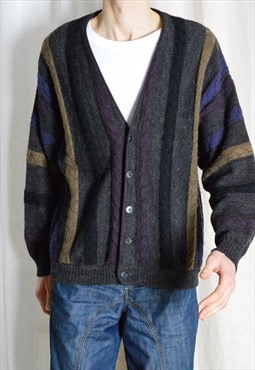 Vintage 90s Grey Purple Striped Knit Wool Blend Cardigan