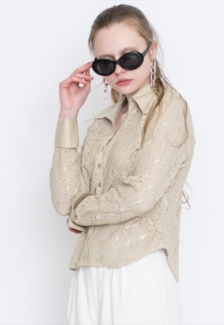 VINTAGE BEIGE SEE THROUGH LONG SLEEVE RETRO SHIRT