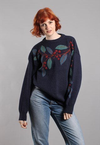 VINTAGE 80S BERRY PATTERNED OVERSIZE WOOL JUMPER