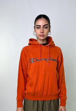 Orange 90s Champion Embroidered Spellout Hoodie Sweatshirt