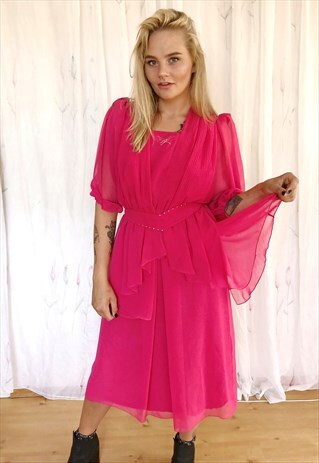 BRIGHT PINK CHIFFON BELTED DRESS