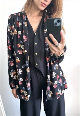 90s Black Floral Long Blouse / Shirt - M