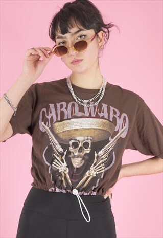 VINTAGE 90S REWORKED CROP TOP IN BROWN WITH SKULL PRINT