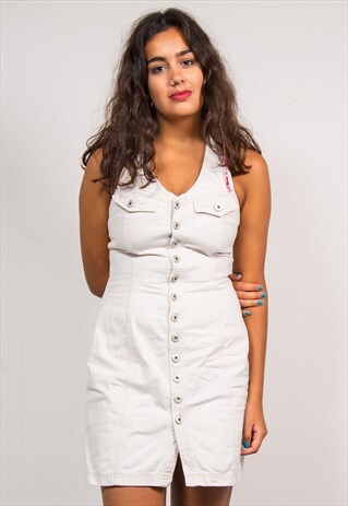 VINTAGE 90'S WHITE DENIM HALTER NECK BUTTON MINI DRESS