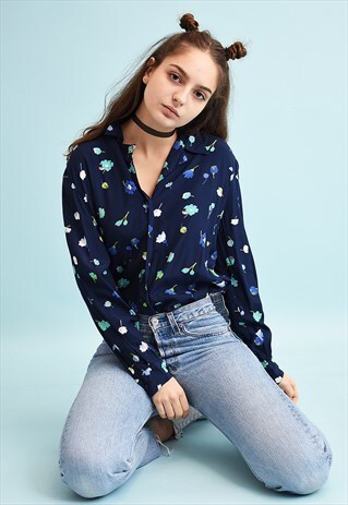 90'S RETRO FLORAL PRINT NAVY MOMS SHIRT TOP