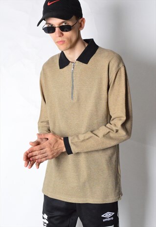 VINTAGE 90S CAMEL BROWN 1/3 ZIPPER LONG SLEEVE POLO SHIRT