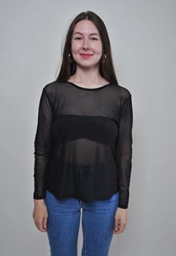 90's mesh top, vintage black transparent blouse