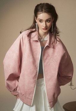 Aviator jacket faux leather solid preppy PU bomber in pink